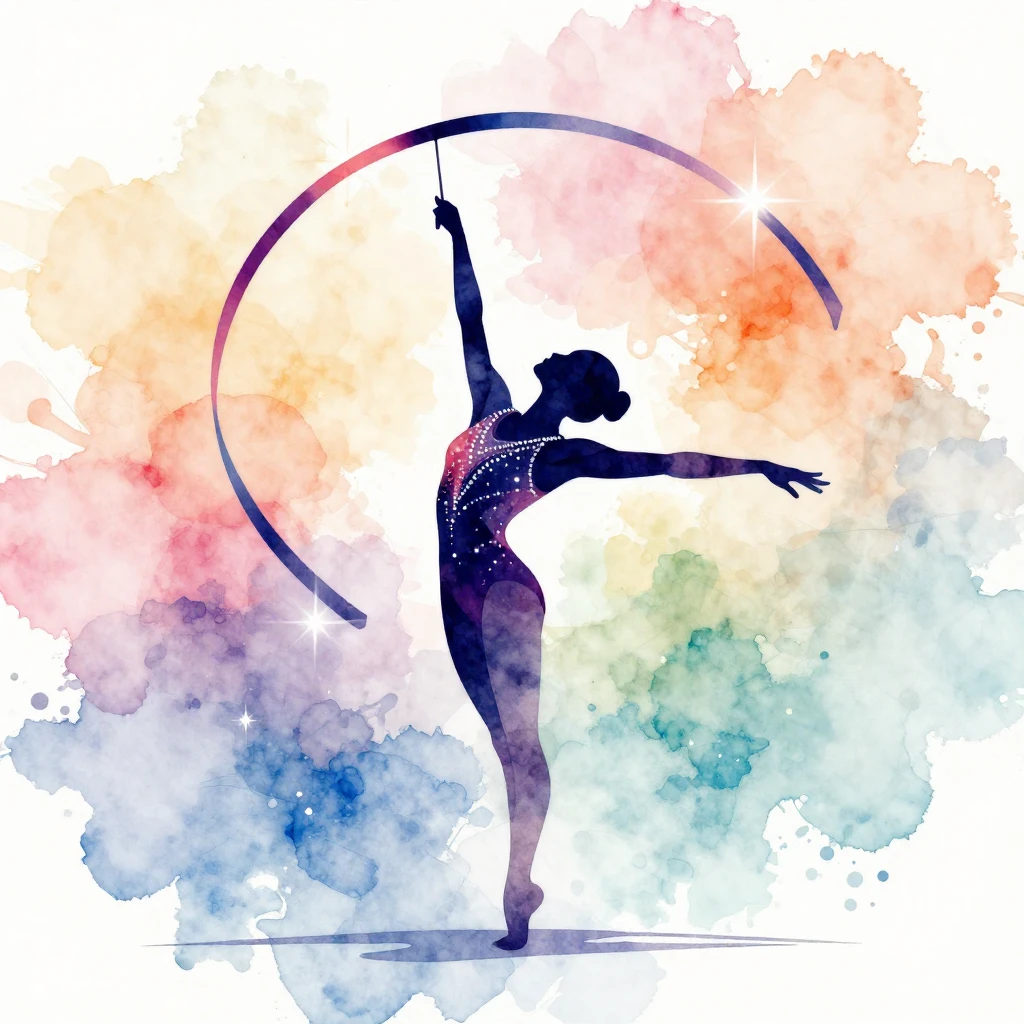A vibrant watercolor illustration of a graceful gymnast perf...