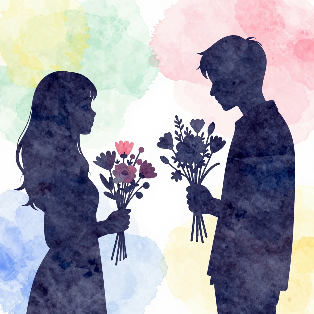Vibrant watercolor style, silhouette of a person holding flo...