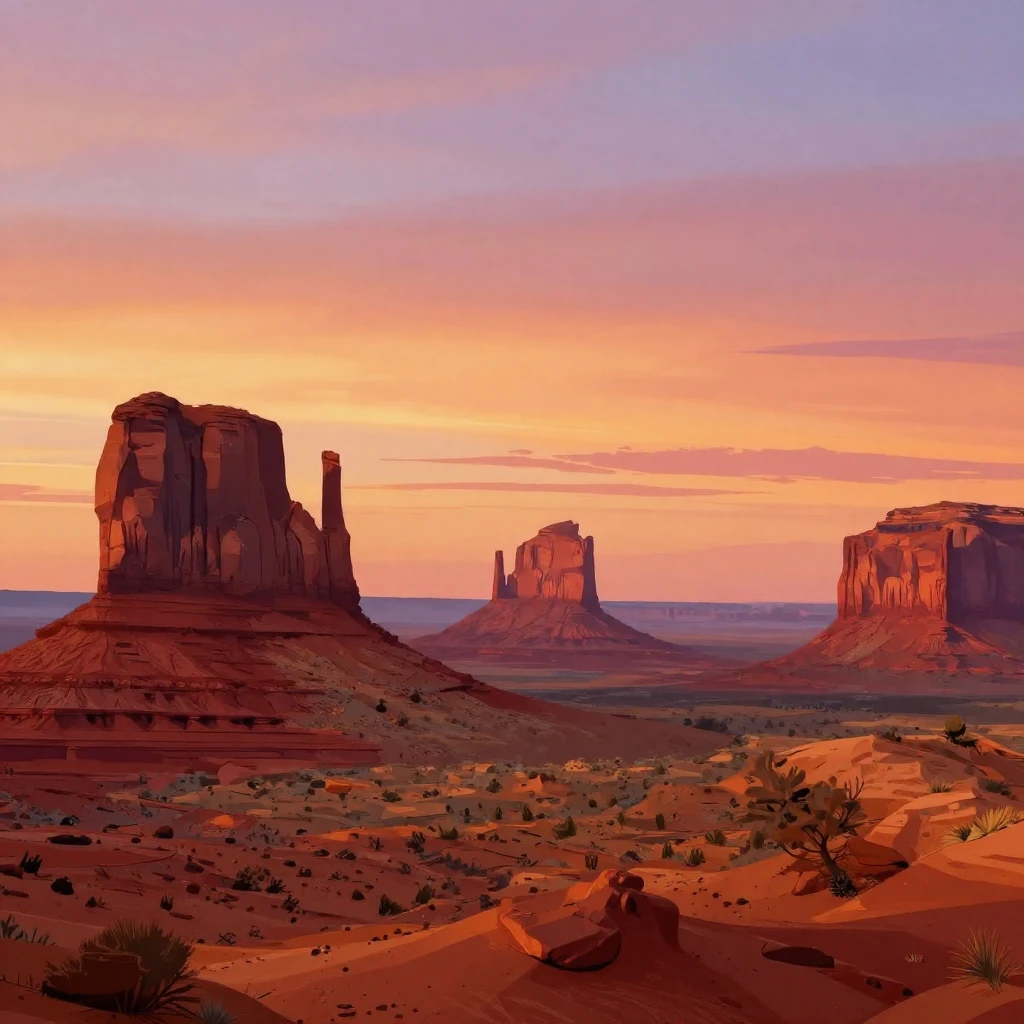 A stylized illustration of the iconic red buttes of Monument...