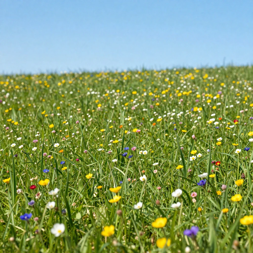 A vibrant, lush spring meadow filled with colorful wildflowe...