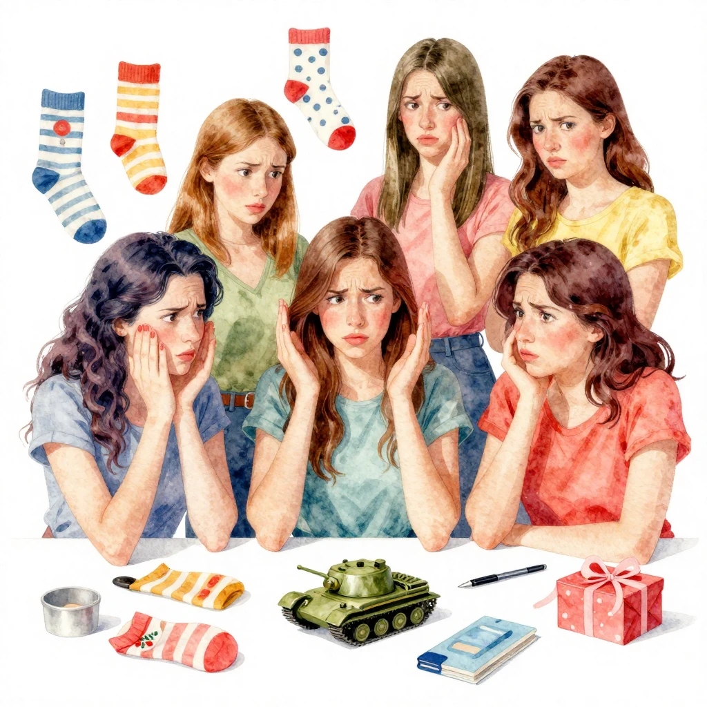 A group of women with playful exasperation, surrounded by va...