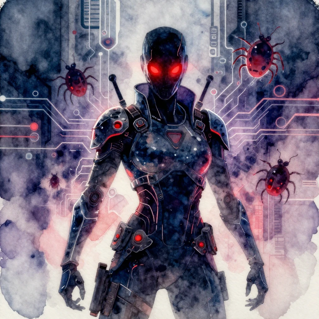 A vibrant watercolor style image of a cyberpunk warrior silh...