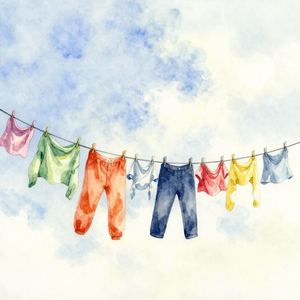 Watercolor painting of a clothesline with various colorful i...