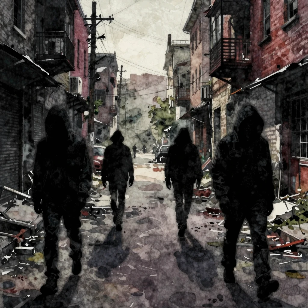 Dark punk album cover, shadowy figures, urban decay, desolat...