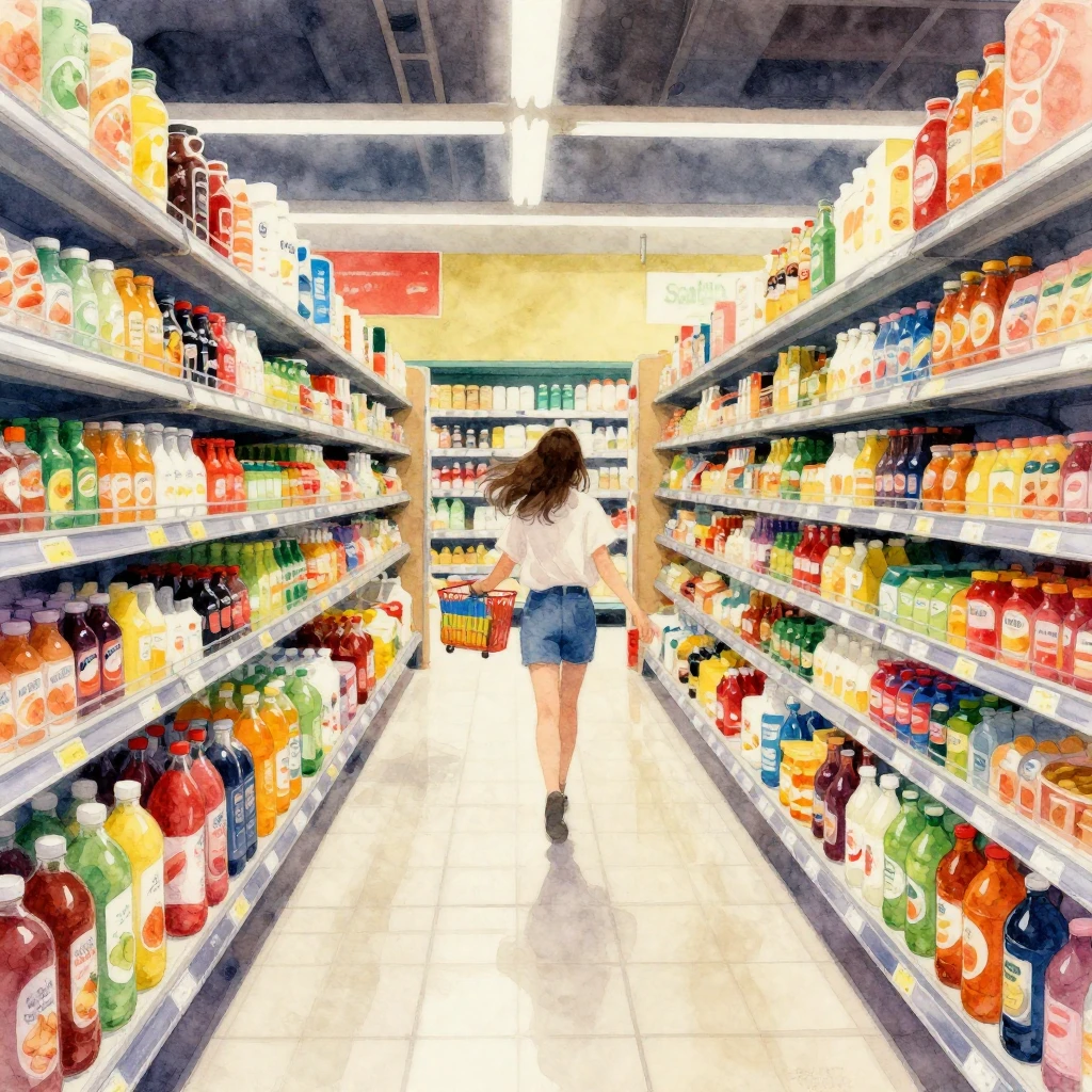A vibrant watercolor painting of a supermarket aisle, with s...
