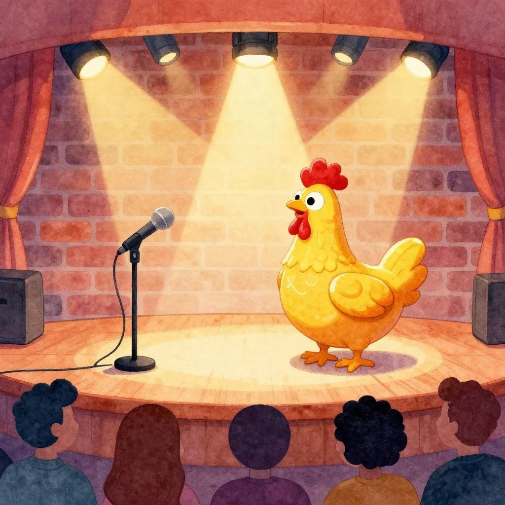 A vibrant cartoon stage with a spotlight on a microphone, a ...