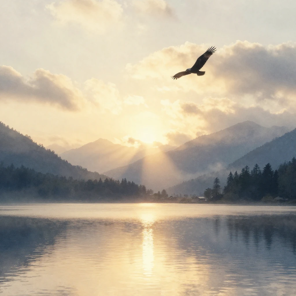 A gentle watercolor sunrise over a calm mountain lake, soft ...