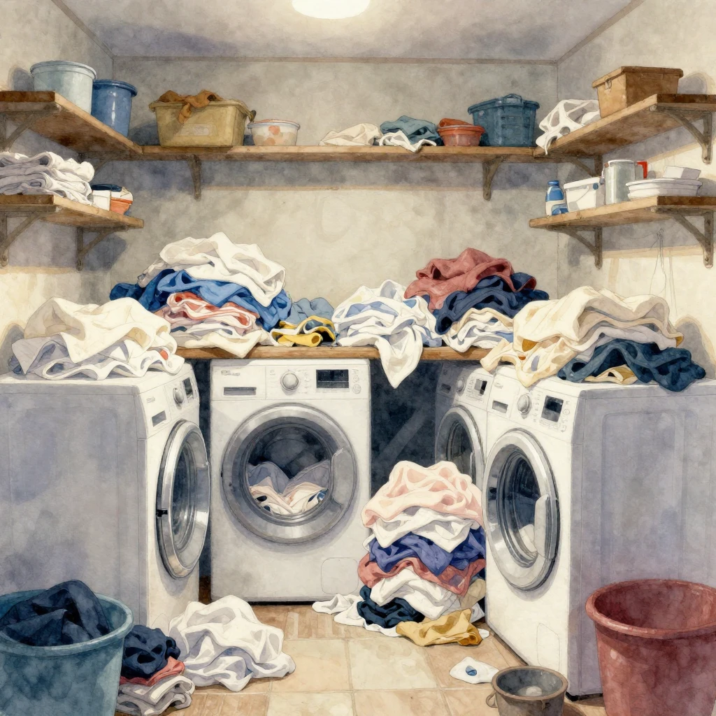 A cluttered and messy laundry room, filled with towering pil...