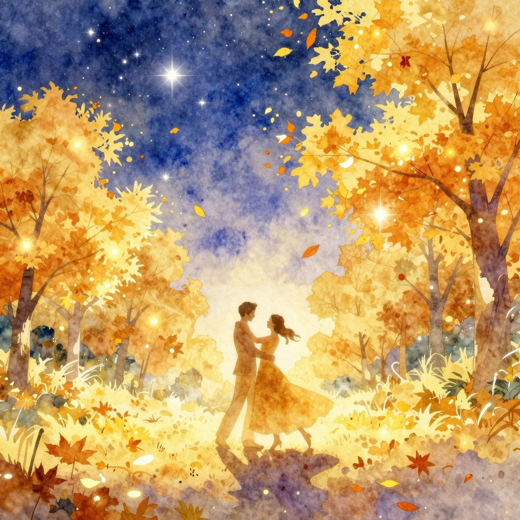 Vibrant watercolor style, golden autumn landscape with a cou...