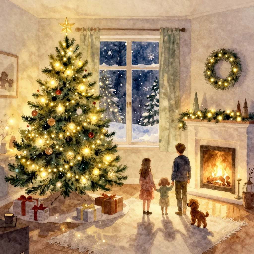 A cozy living room, watercolor style, with a glowing Christm...
