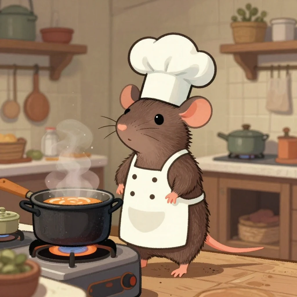 A whimsical illustration of a small rat chef, wearing a tiny...