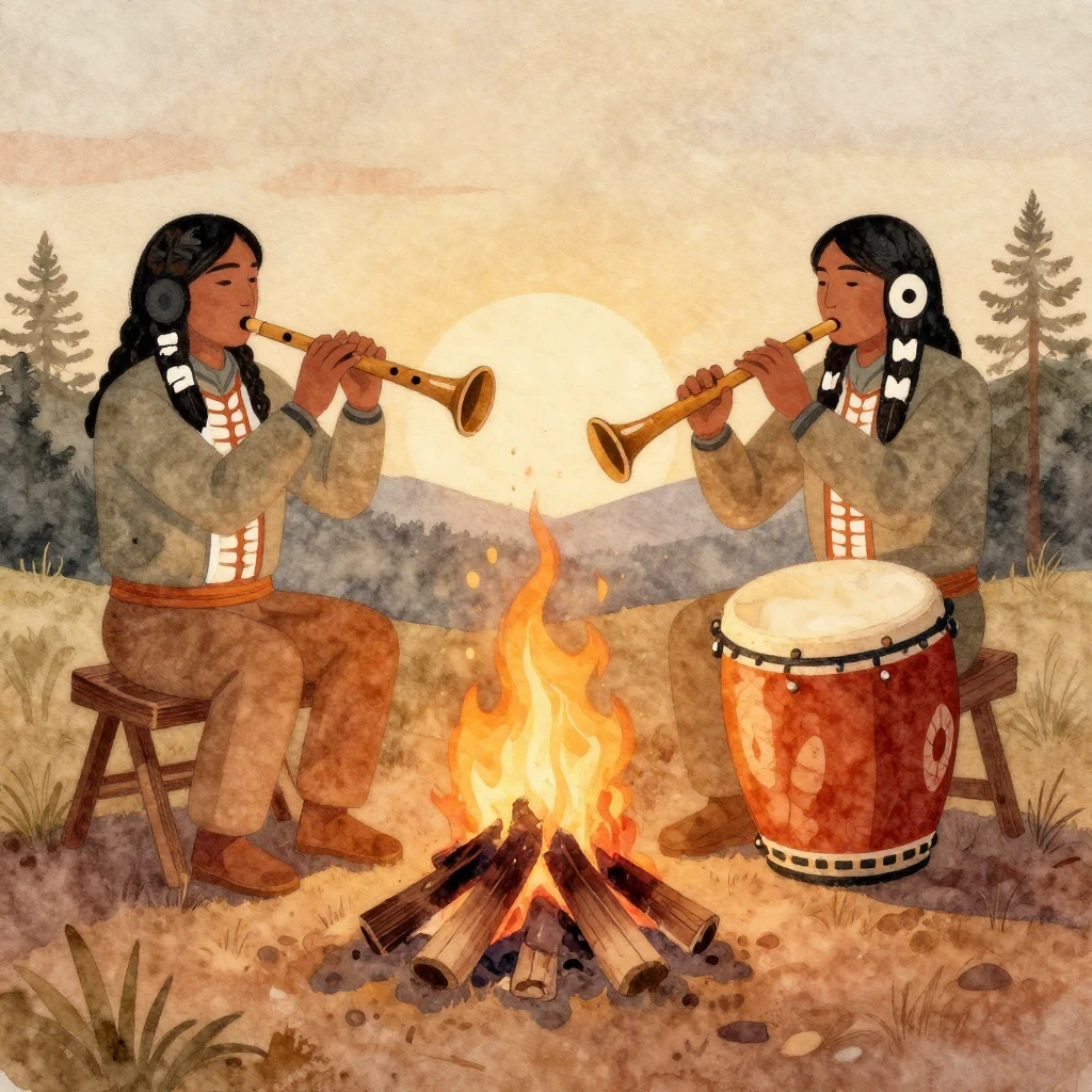 A warm campfire scene at dawn, with a flute and drum depicte...