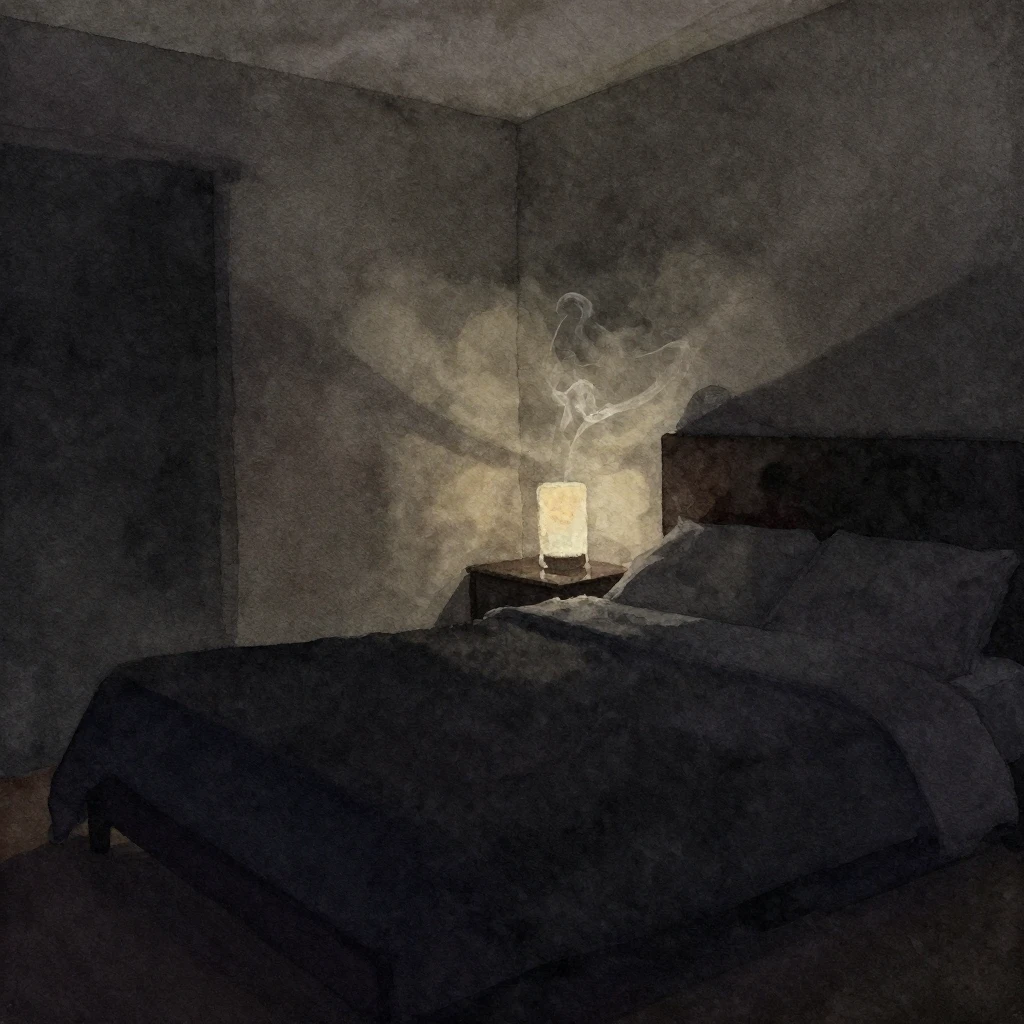 A watercolor painting of a dark bedroom silhouette, with sof...