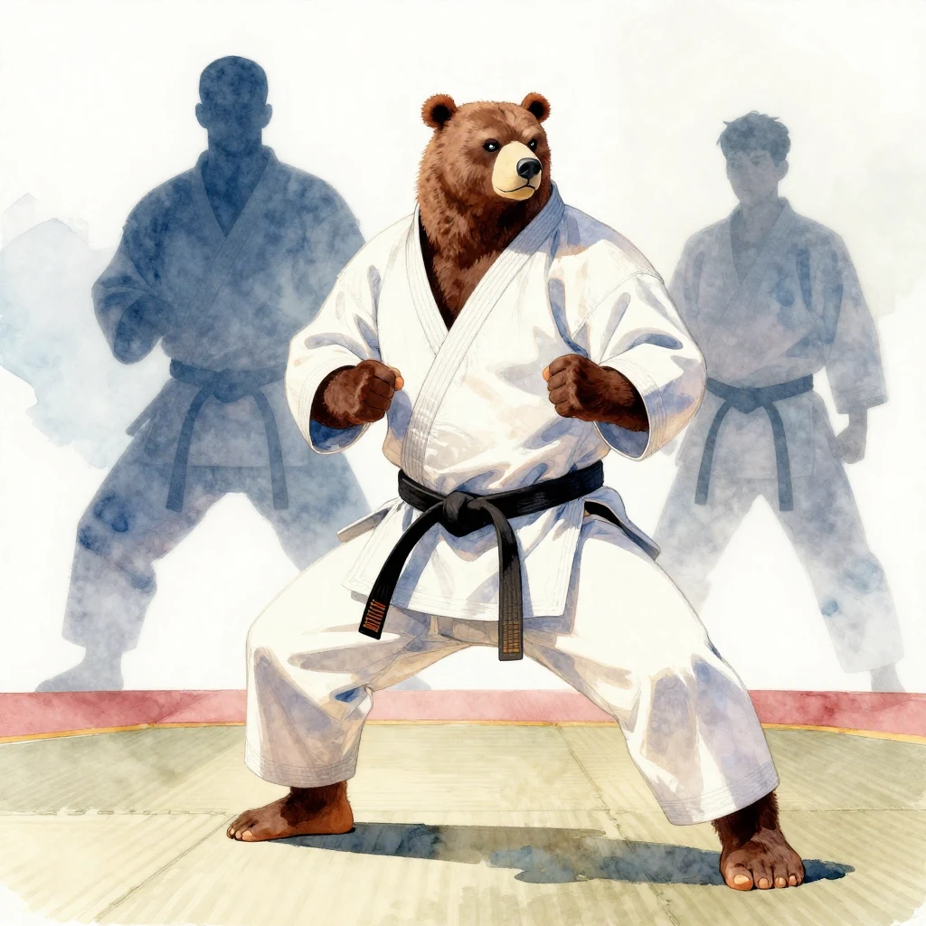 Vibrant watercolor style. A powerful karate bear in a white ...