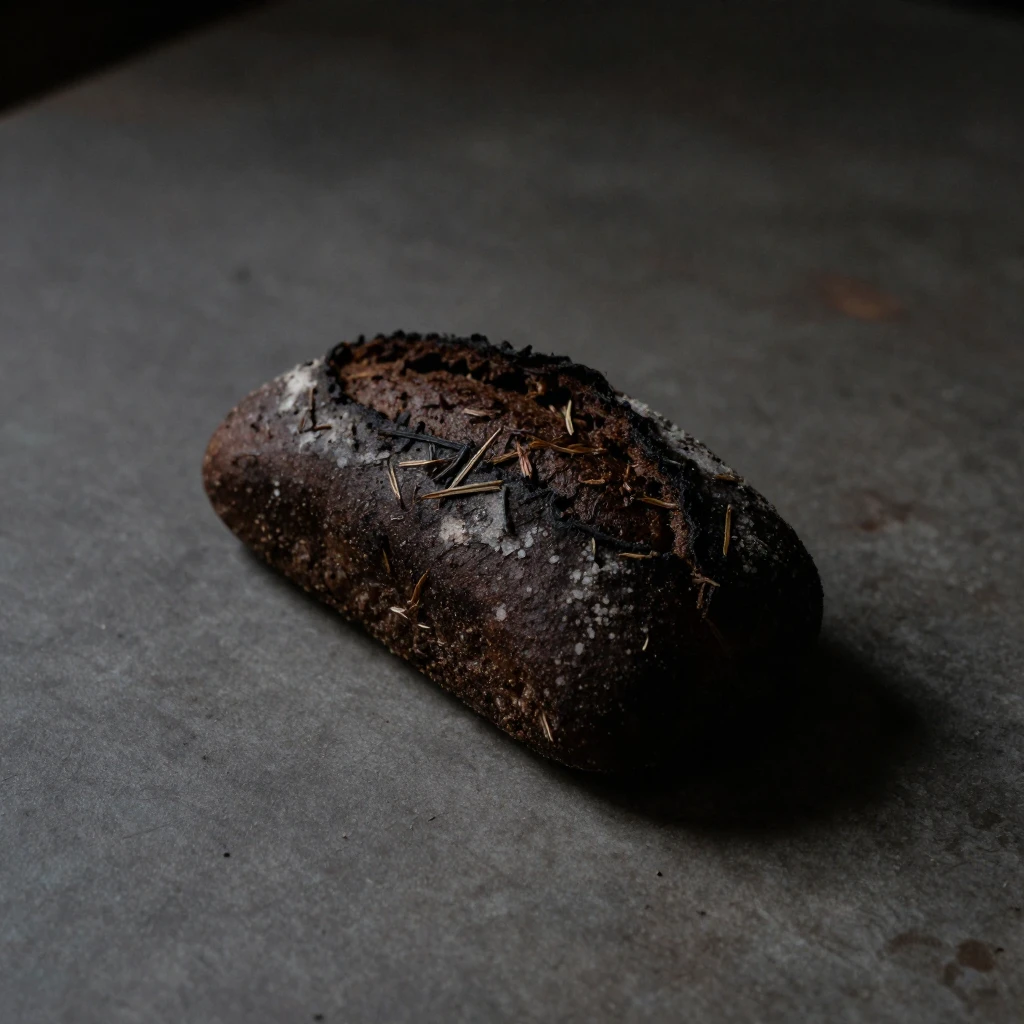 A small, dark, and rough piece of bread, perhaps with visibl...