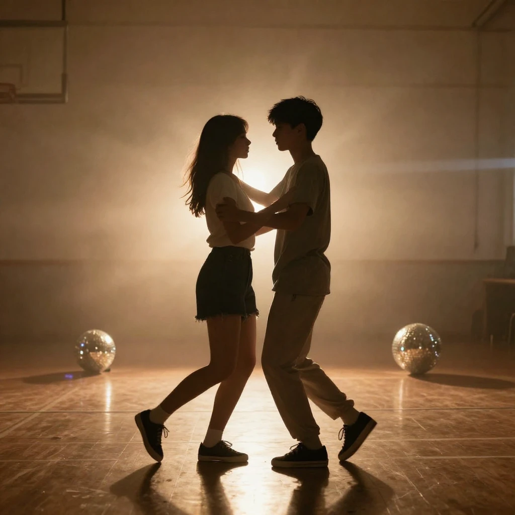 A silhouette of two teenagers dancing slowly in a school gym...