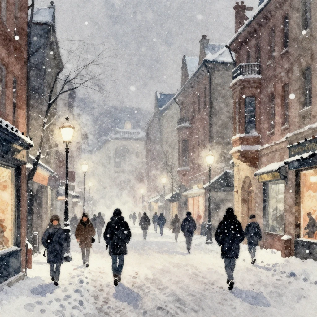 Watercolor painting of a winter city street at night, heavy ...