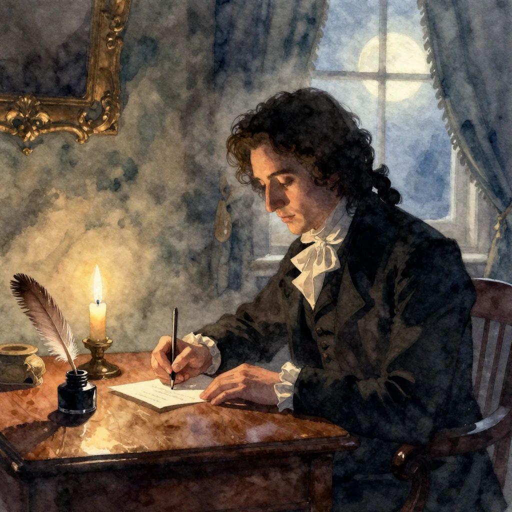 Watercolor style. Silhouette of a romantic poet writing a le...