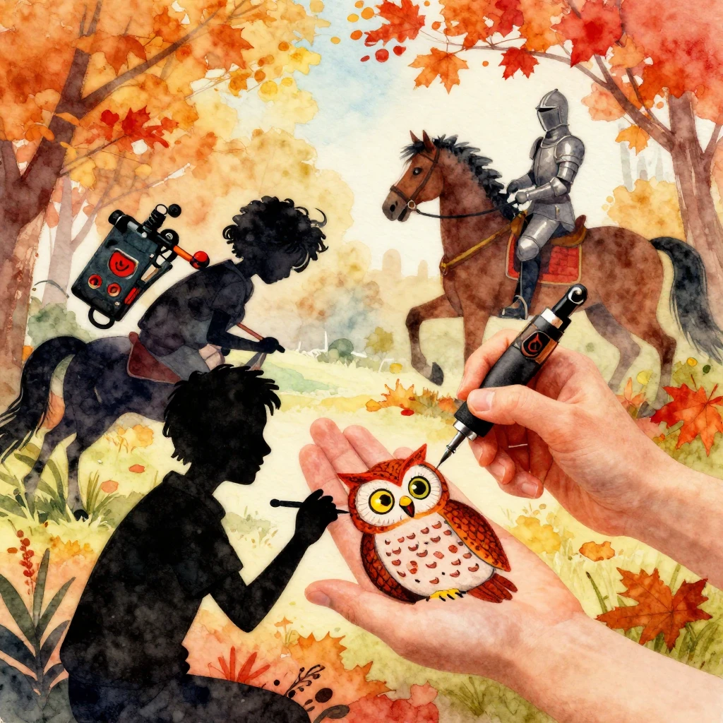 Vibrant watercolor style. Warm autumn day, a silhouette of a...