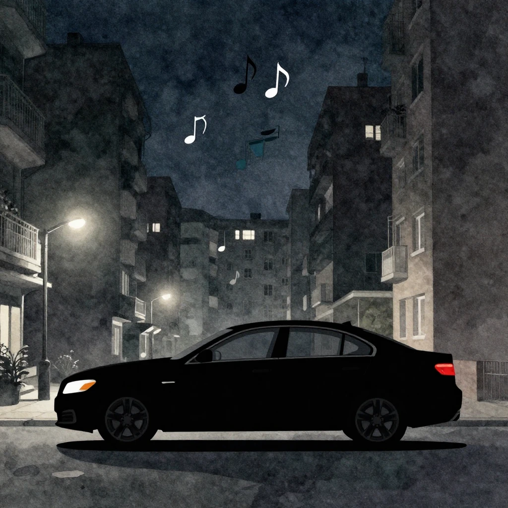 Watercolor style. A silhouette of a black sedan car parked i...