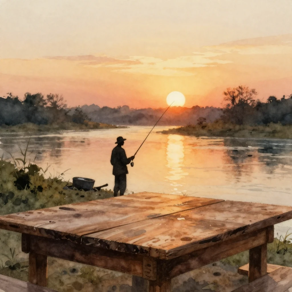 A watercolor painting depicting the silhouette of a fisherma...