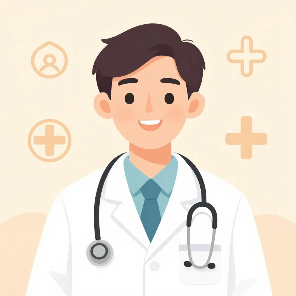 An illustrative image of a kind doctor smiling, surrounded b...