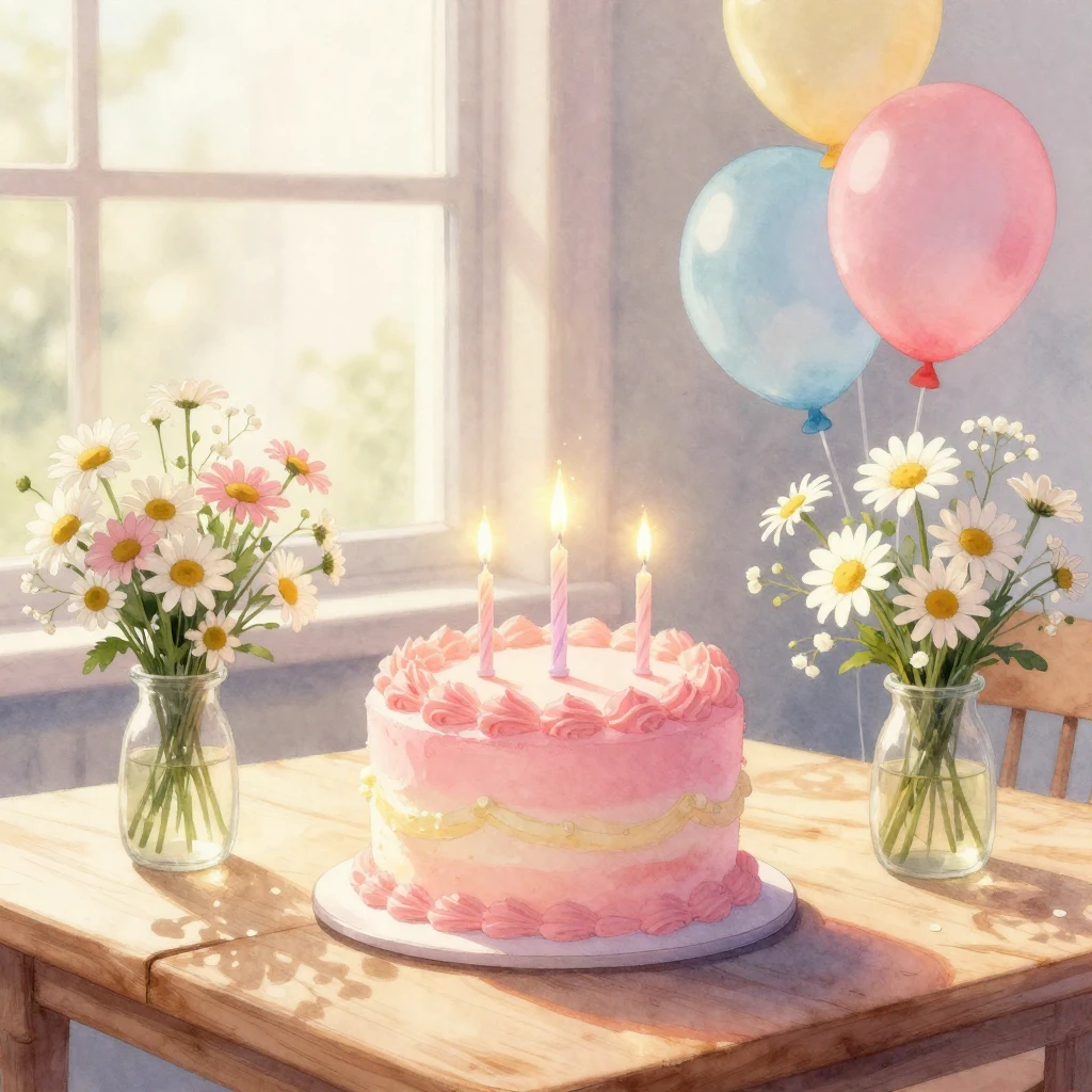 A whimsical and soft watercolor painting of a birthday celeb...