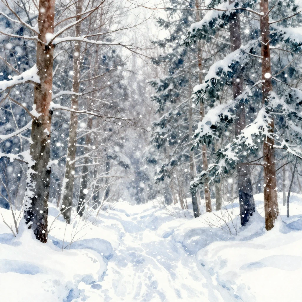 A vibrant watercolor illustration of a dense winter forest e...