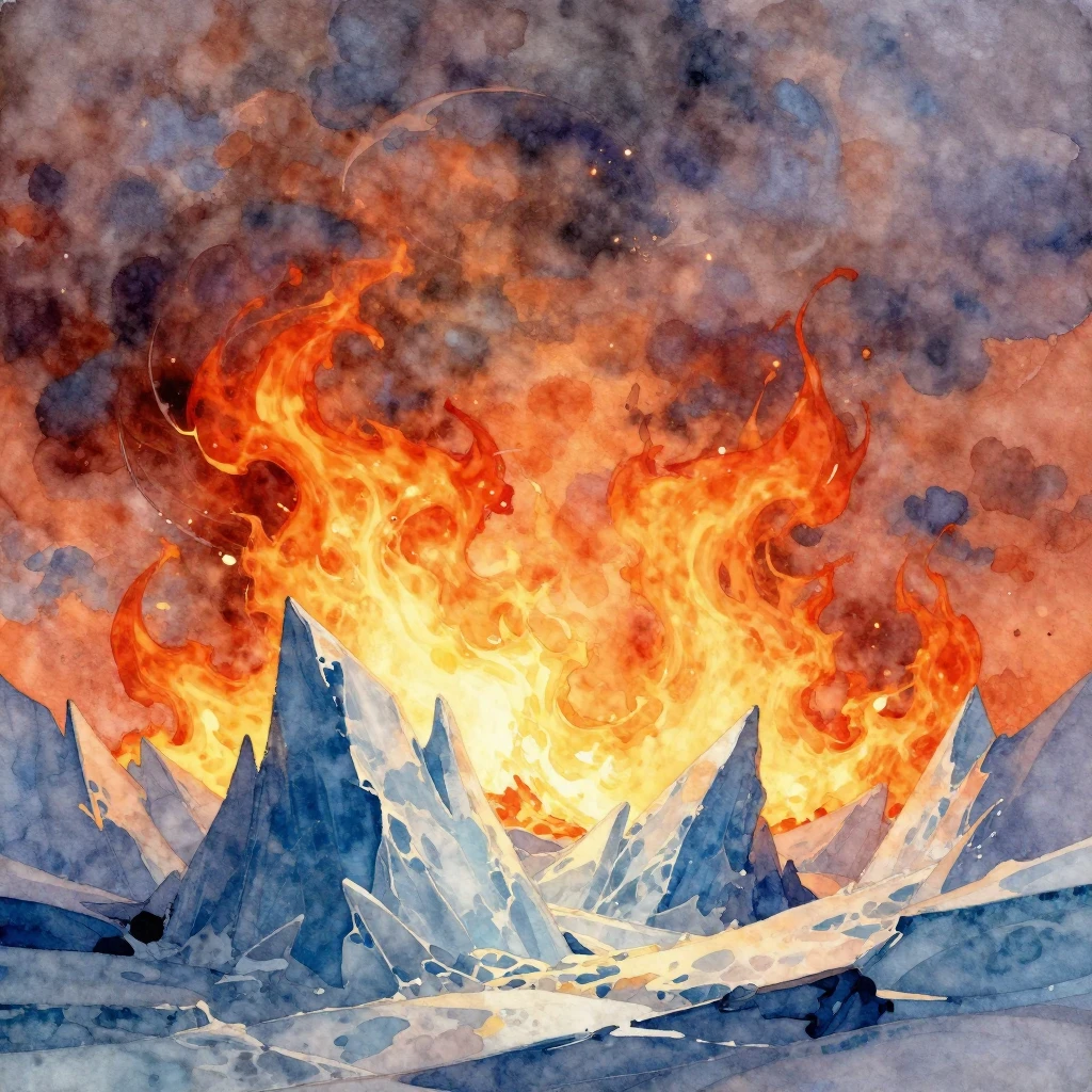 A dramatic landscape where vibrant flames meet jagged ice fo...
