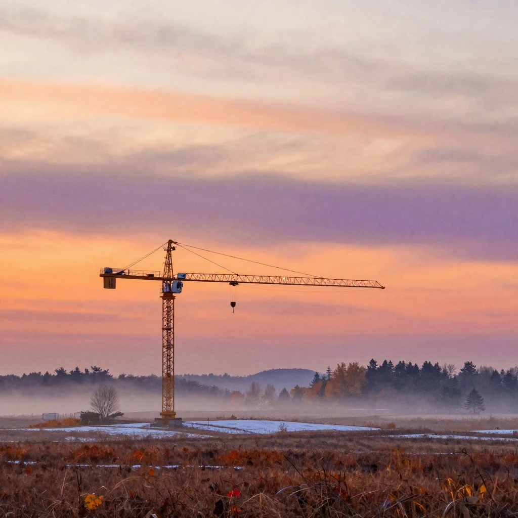 A lone crane silhouette flying against a vast, misty autumn ...