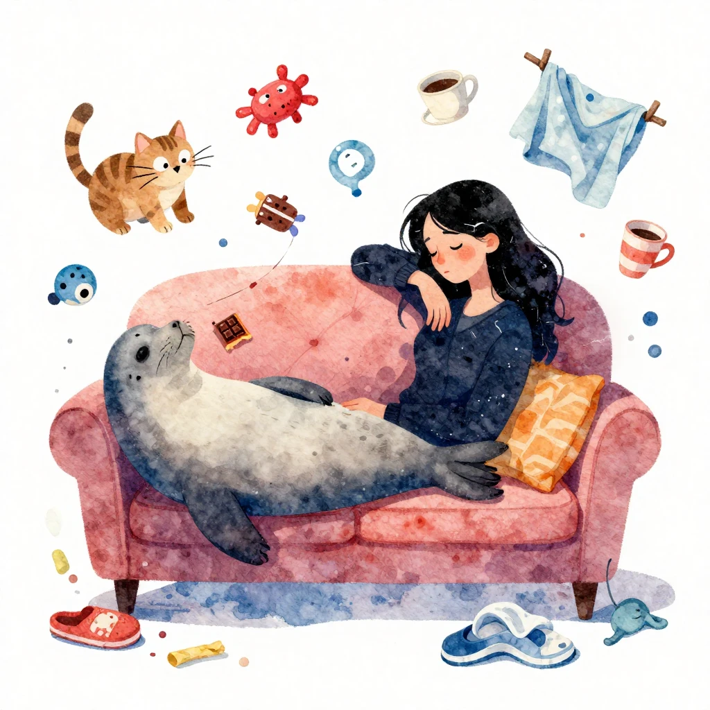 Vibrant watercolor illustration of a tired, slightly disheve...