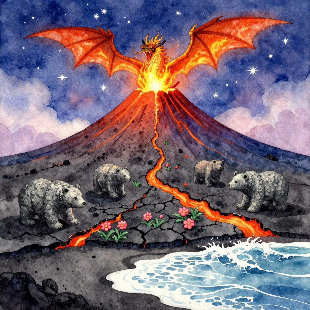 Vibrant watercolor painting of a majestic volcano peak, with...