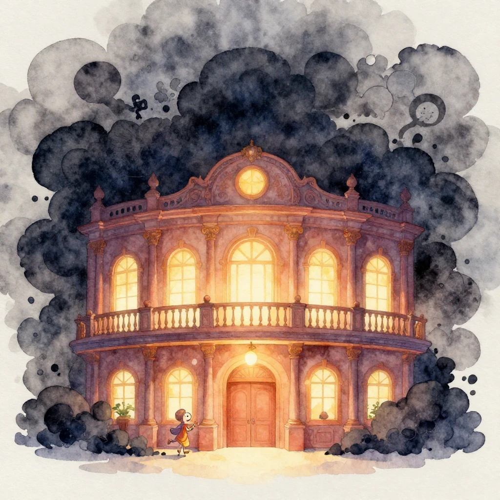 A magical theater rendered in a detailed watercolor style, s...