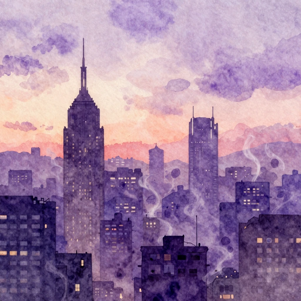 Vibrant watercolor style. Abstract city awakening, early mor...