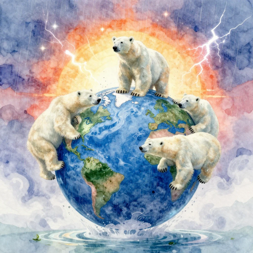 Vibrant watercolor painting of polar bears spinning the Eart...