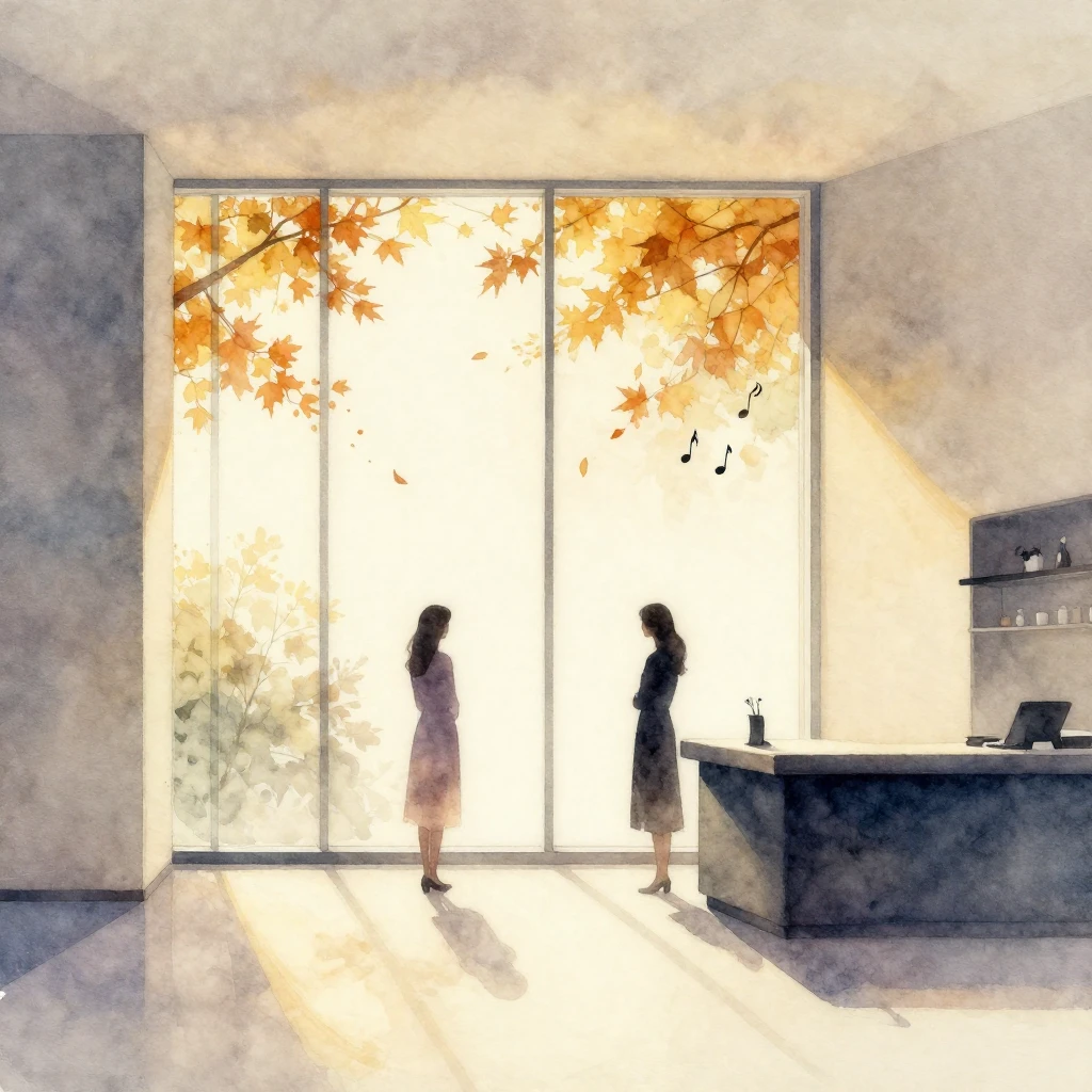 Watercolor painting of a minimalist theater lobby, two women...