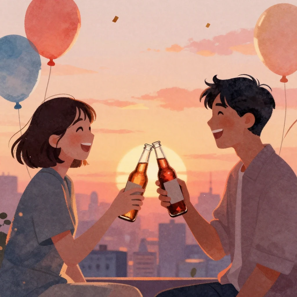 A watercolor illustration of two people clinking glass bottl...