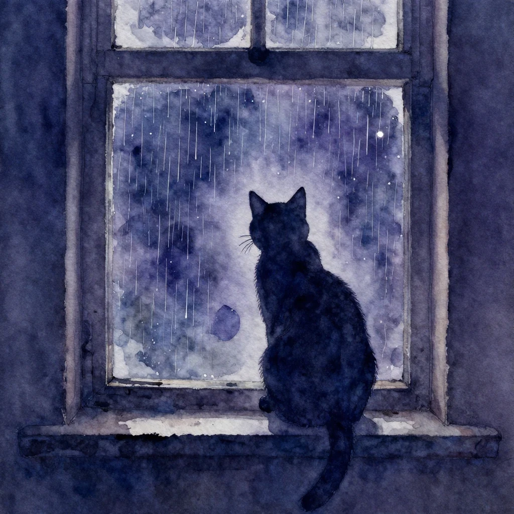 A watercolor painting of a cat silhouette sitting on an old ...