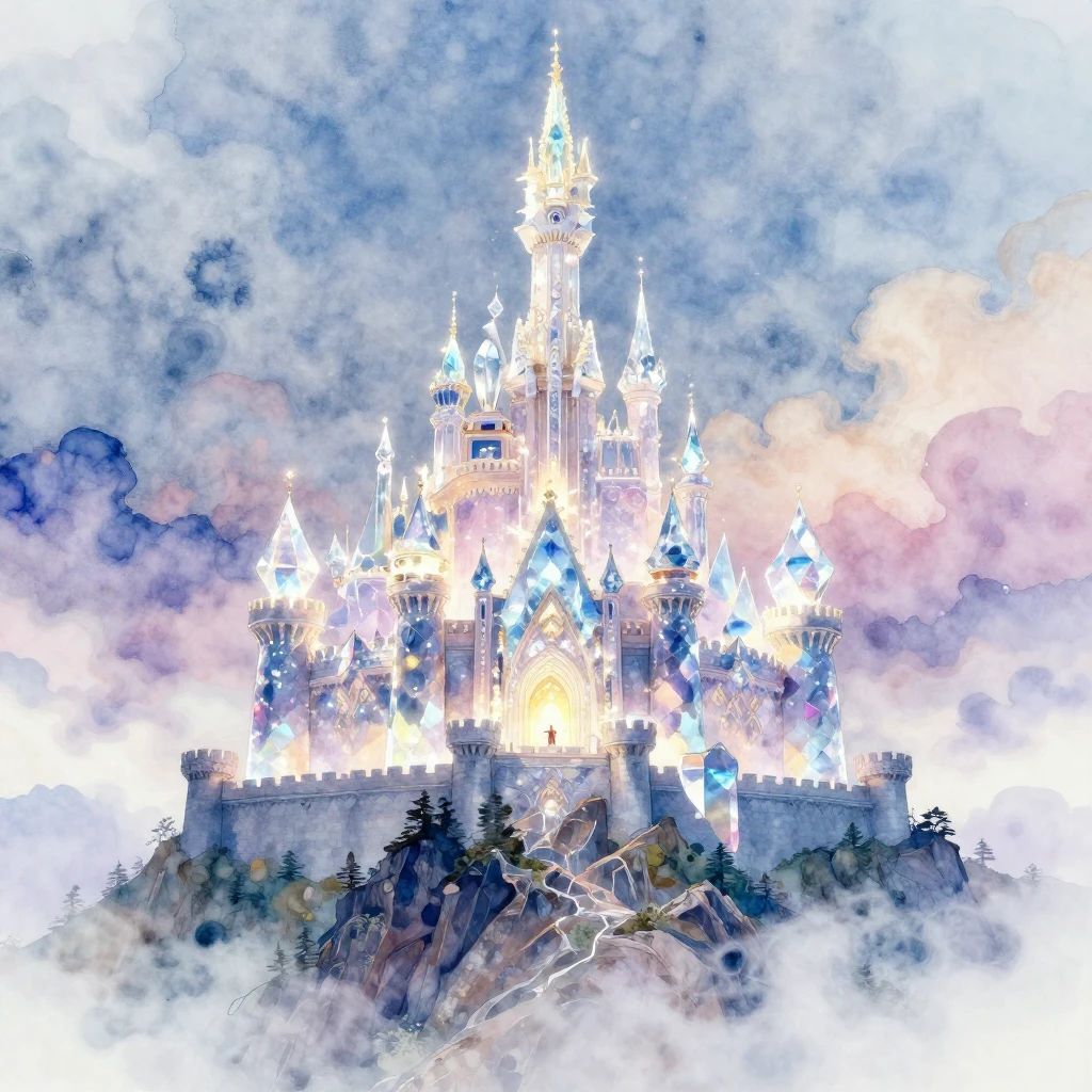 A majestic crystal castle perched atop a towering mountain p...