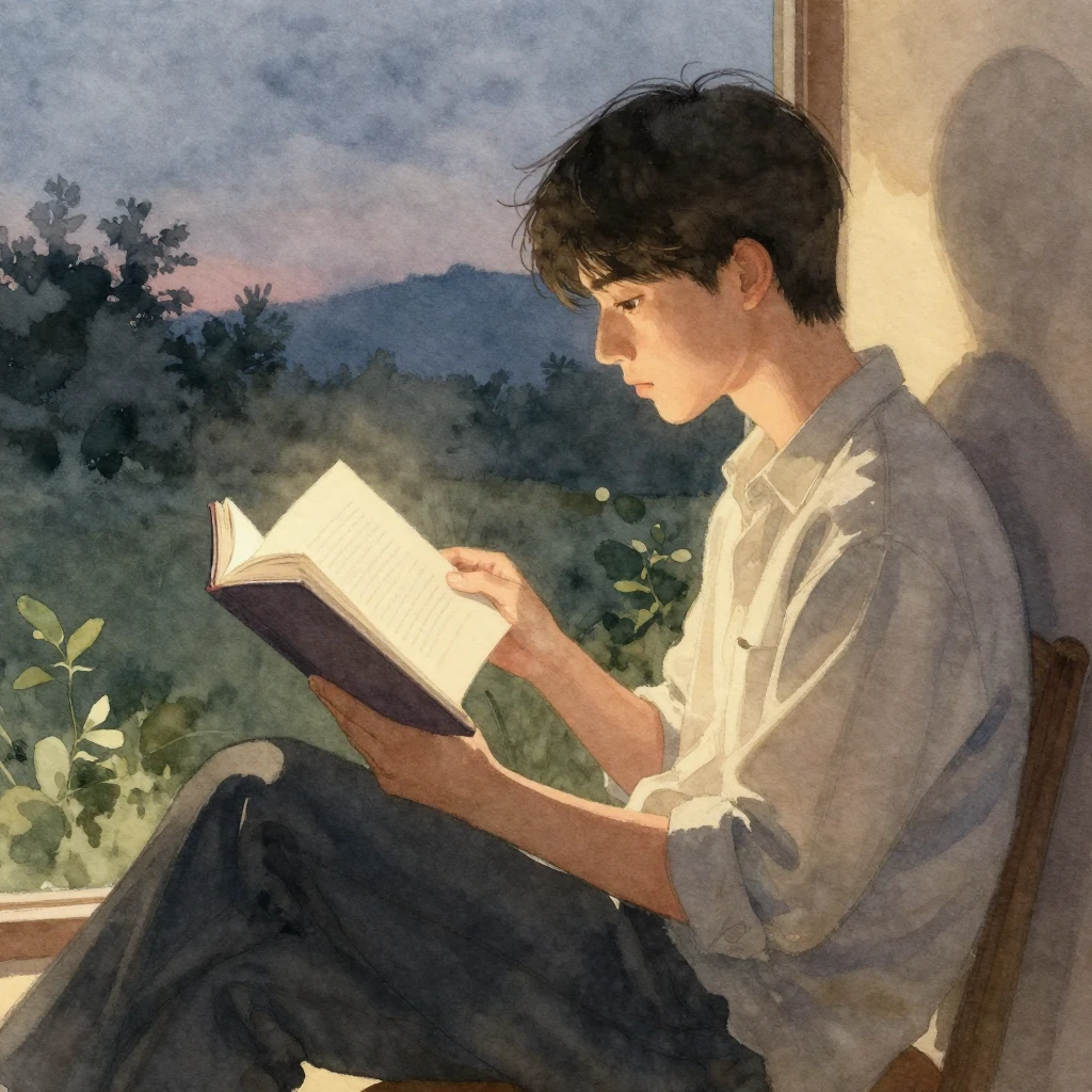 A man sitting alone, engrossed in reading a book. The settin...