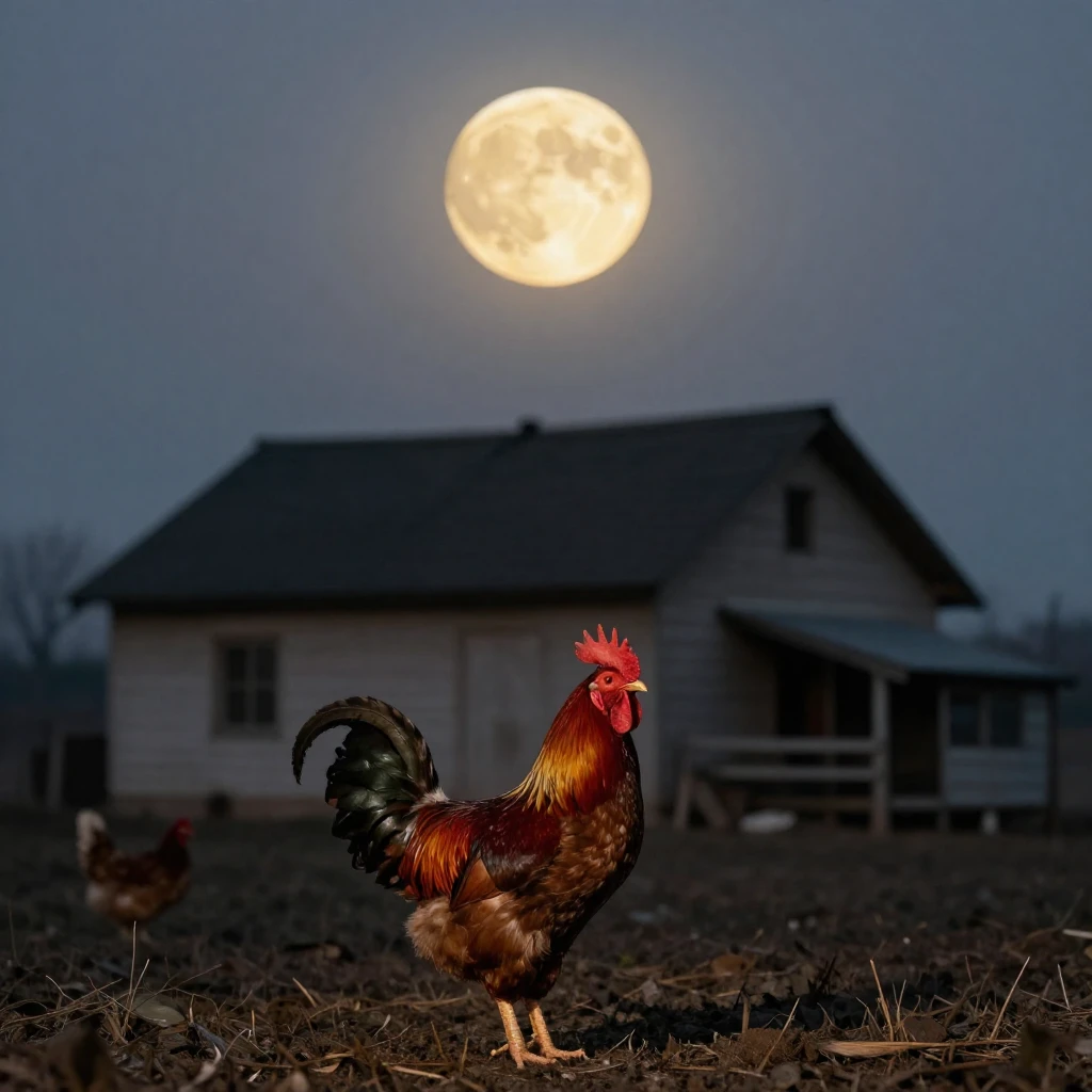 A lone rooster stands prominently in the foreground of a rus...