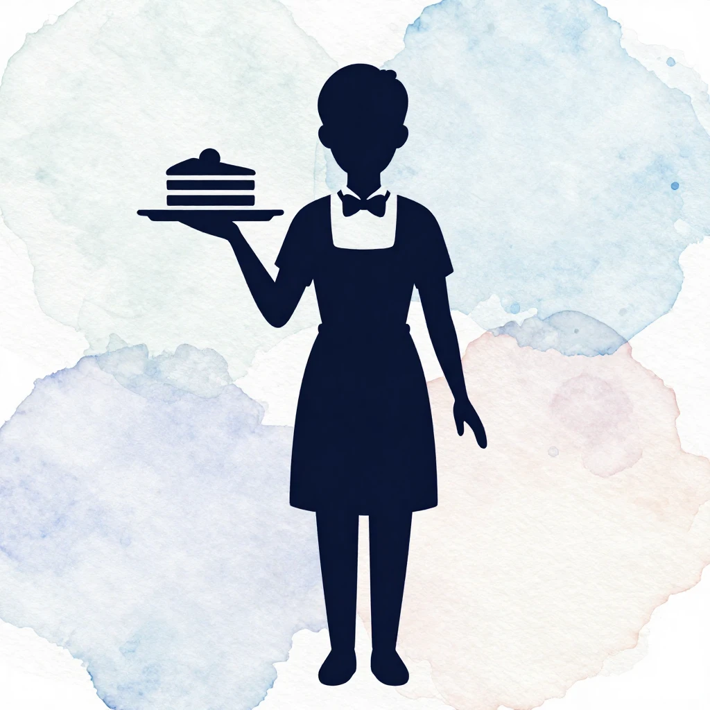 Watercolor style. Silhouette of a waitress holding a tray wi...