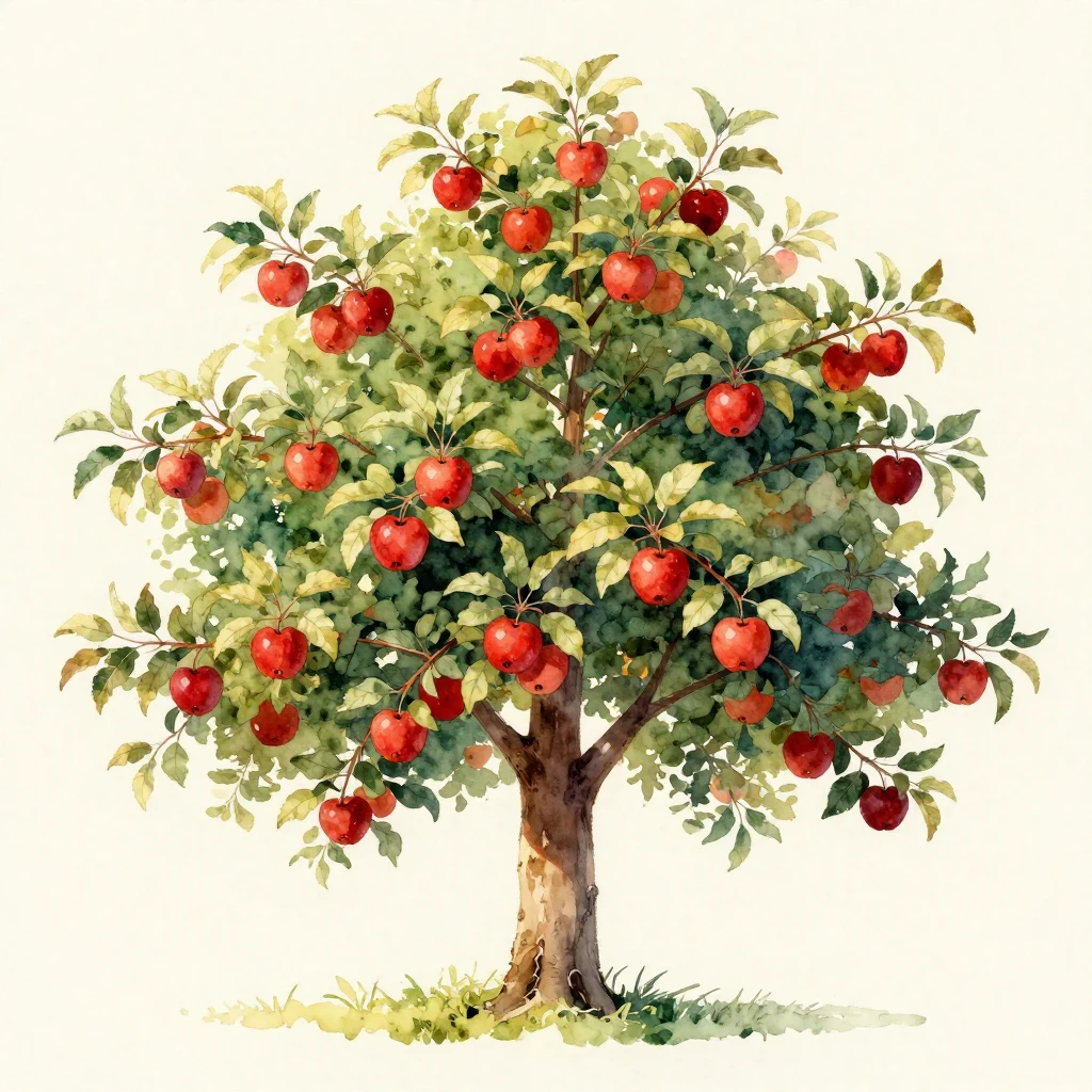 A tall, lush apple tree laden with bright red apples, depict...