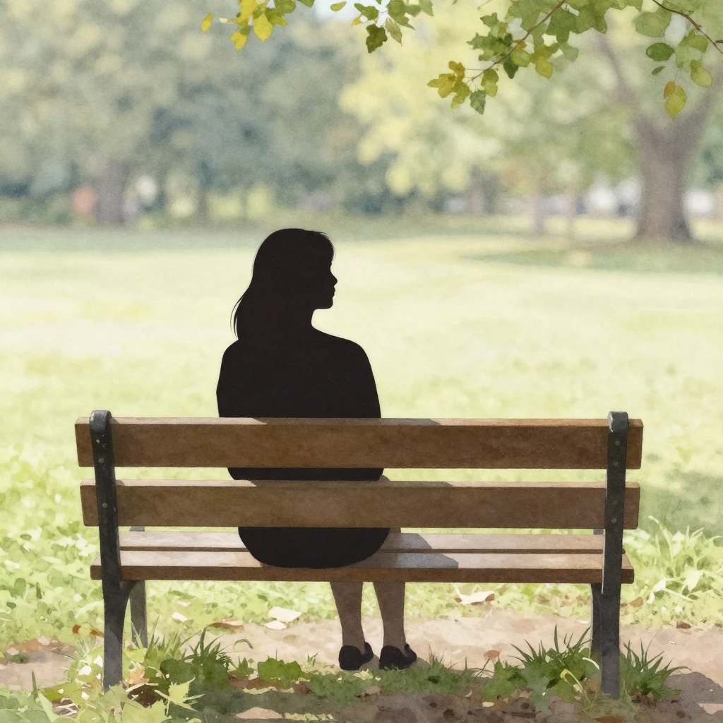 A single stylized silhouette sitting on a wooden bench in a ...