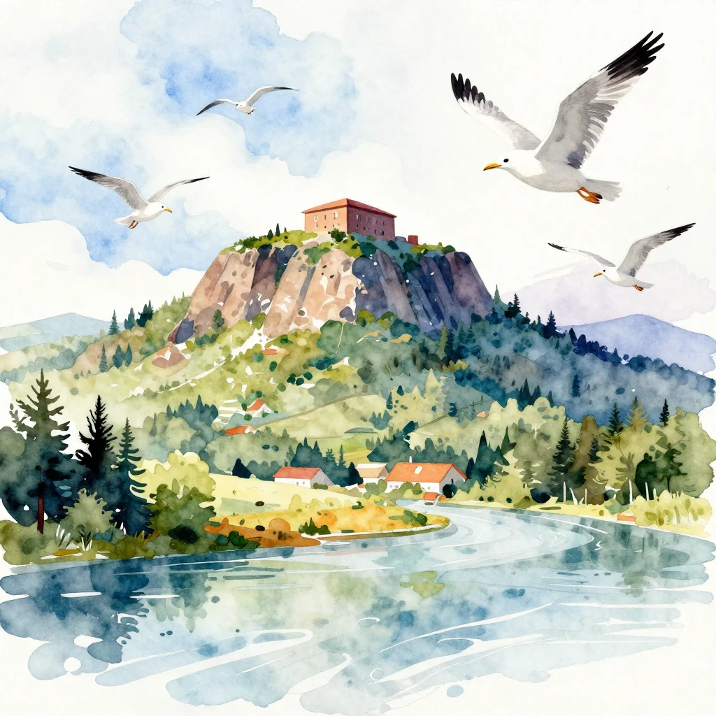 A vibrant watercolor illustration of Sokoliny Gora in the ba...