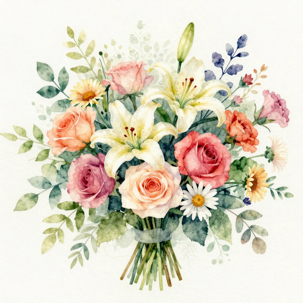A vibrant watercolor painting of a beautiful flower bouquet,...