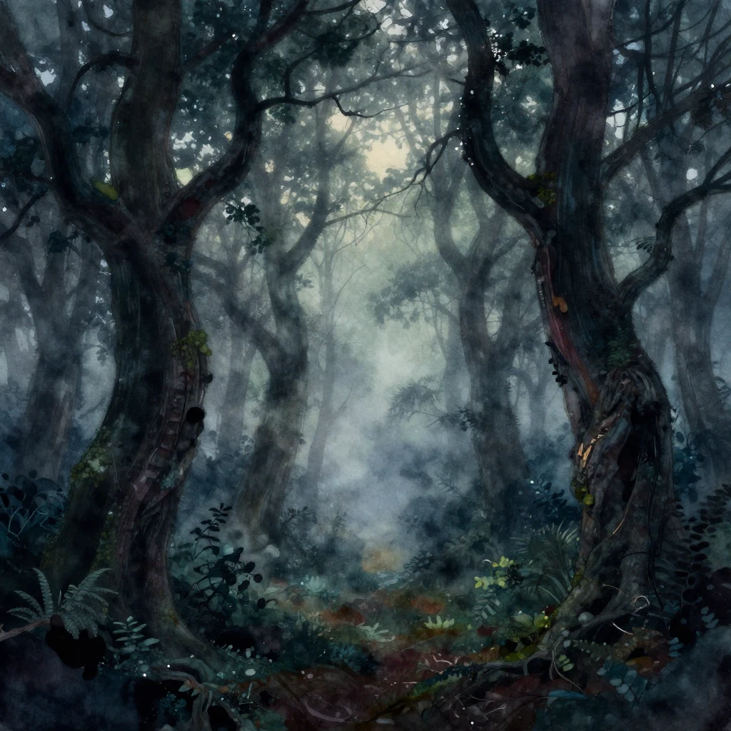 A dark and misty forest at twilight, with ancient, gnarled t...