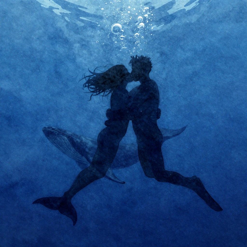 A vibrant watercolor style, underwater scene, deep blue and ...