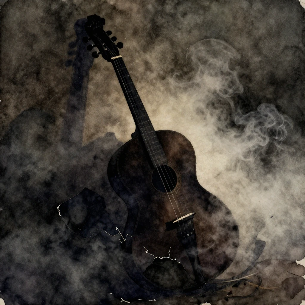 A watercolor painting focusing on the silhouette of a broken...