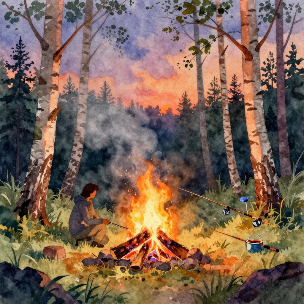Vibrant watercolor style. Forest bonfire at dusk, smoke risi...